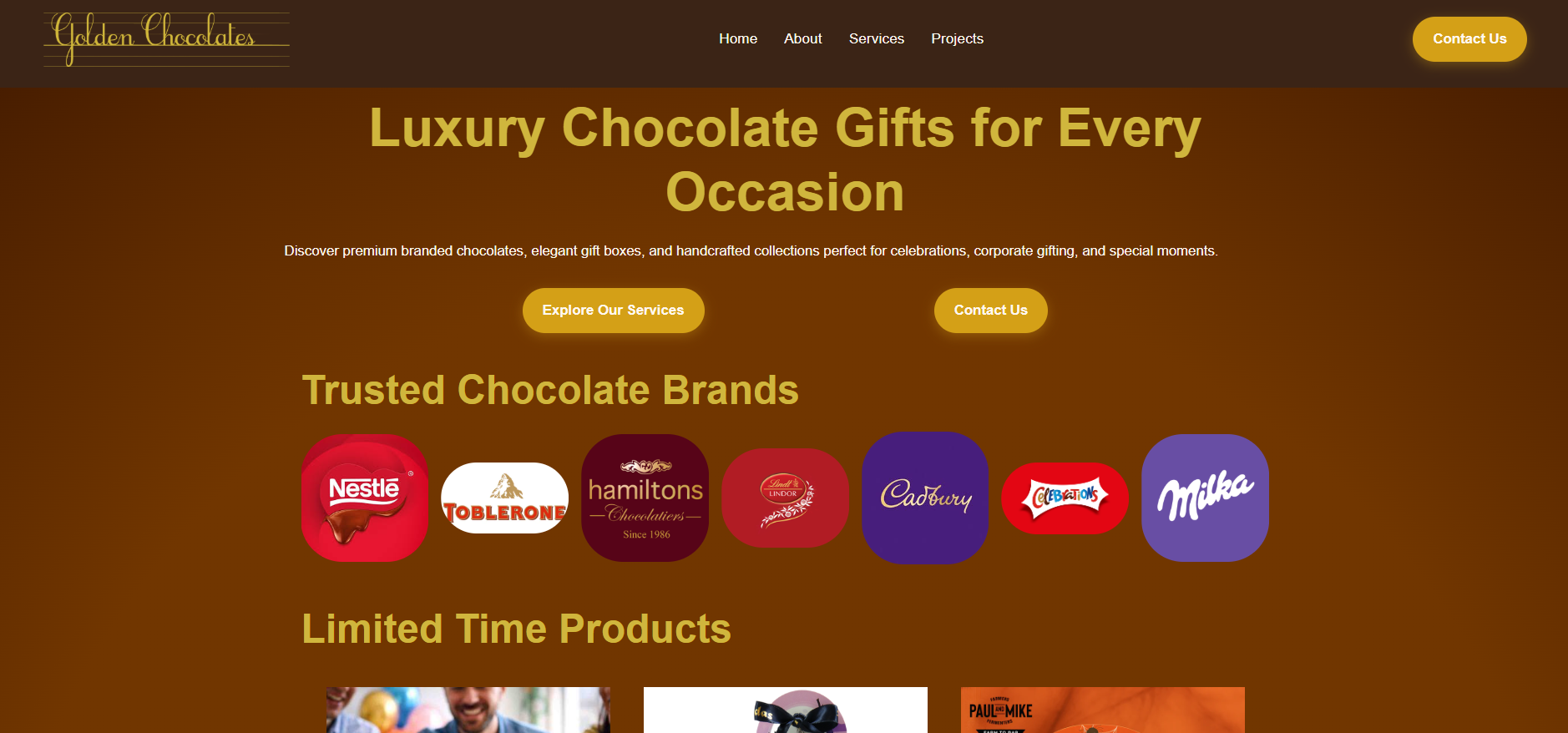An image of the front page of the Golden Chocolates site, made with wordpress